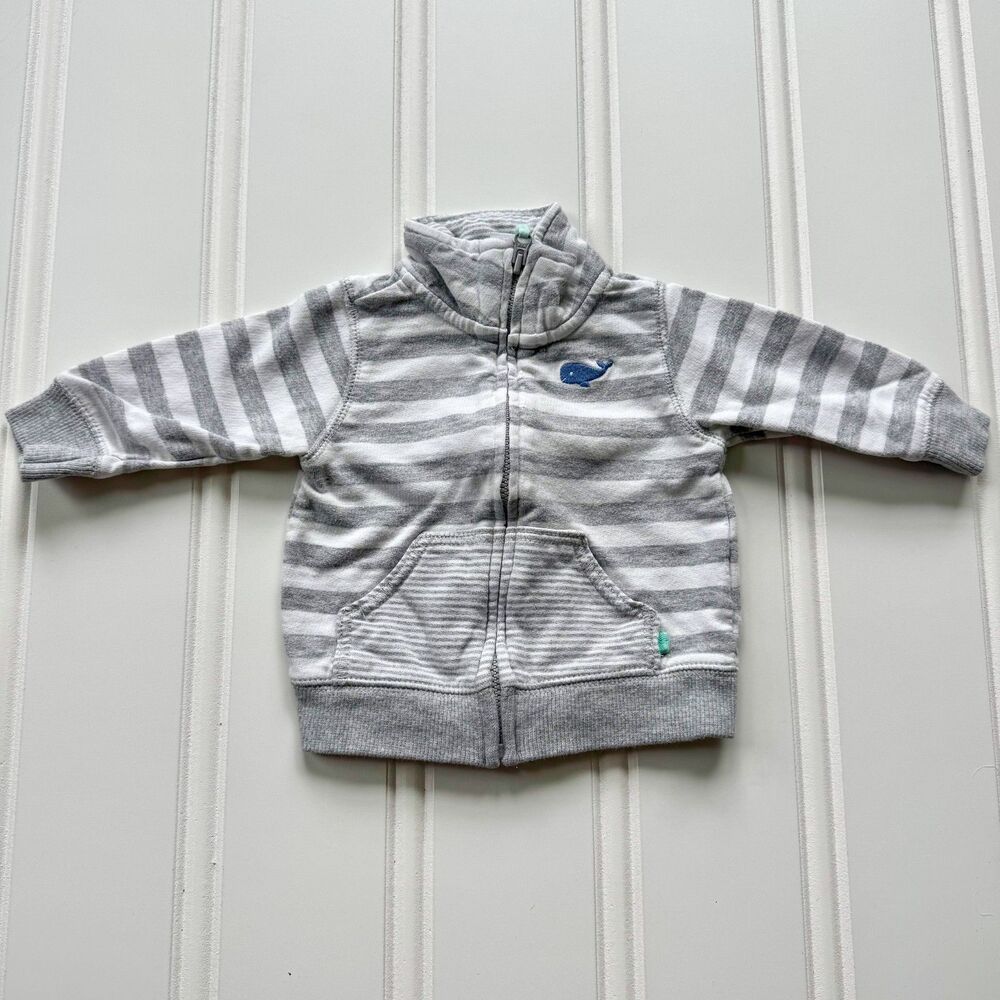 4/$10 - Carter’s Baby Cotton Nautical Zip-Up Jacket | Grey White Striped w/ Whal